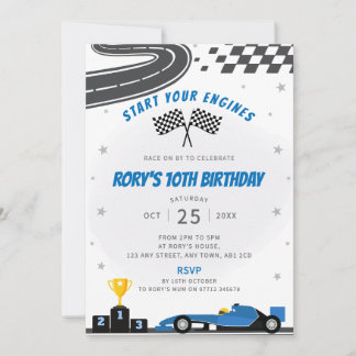 Blue Racing Car Birthday Party Invitation