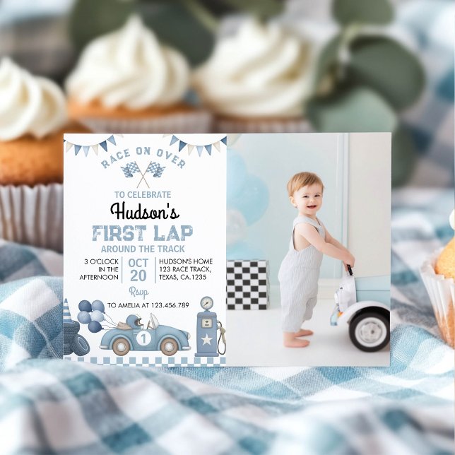 Blue Racing Car Boy Birthday Party Photo Invitation (Creator Uploaded)