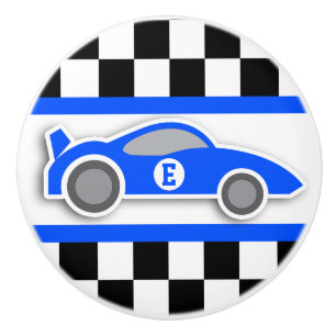 Blue racing car monogram flag graphic doorknob ceramic knob