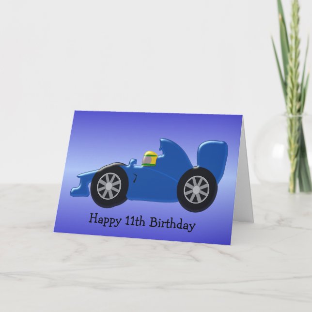 Blue Racing Car Personalised 11th Birthday Card (Front)