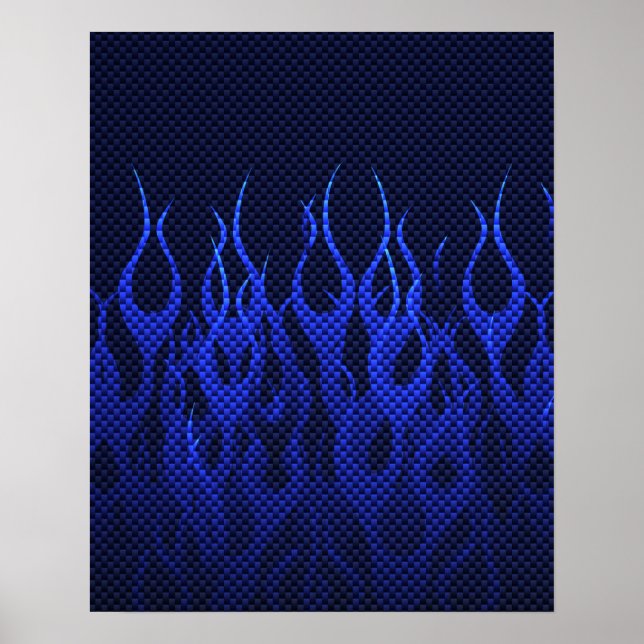 Blue Racing Flames on Carbon Fibre Print (Front)