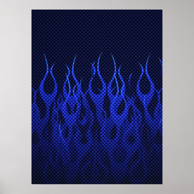 Blue Racing Flames on Carbon Fibre Print (Front)