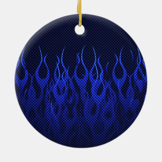 Blue Racing Flames on Carbon Fibre Print Ceramic Tree Decoration (Back)