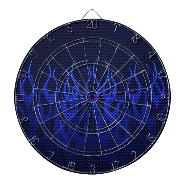 Blue Racing Flames on Carbon Fibre Print Dartboard (Front)