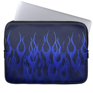 Blue Racing Flames on Carbon Fibre Print Laptop Sleeve