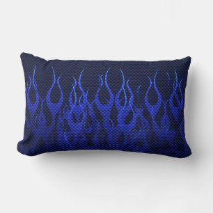 Blue Racing Flames on Carbon Fibre Print Lumbar Cushion