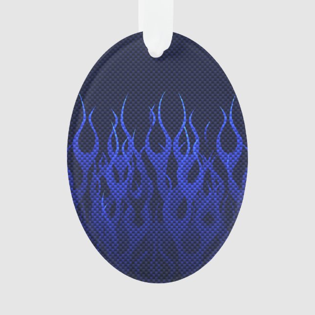 Blue Racing Flames on Carbon Fibre Print Ornament (Front)