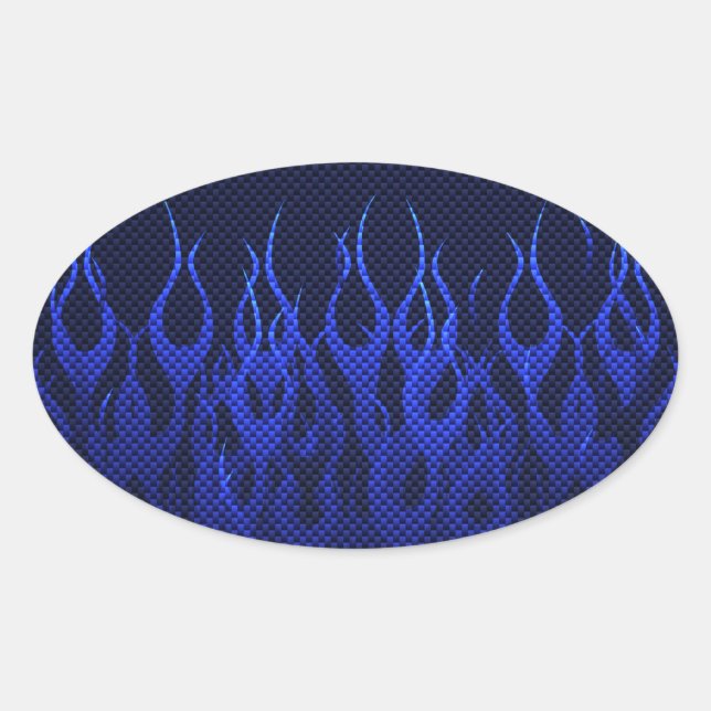 Blue Racing Flames on Carbon Fibre Print Oval Sticker (Front)