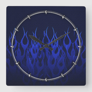 Blue Racing Flames on Carbon Fibre Print Square Wall Clock