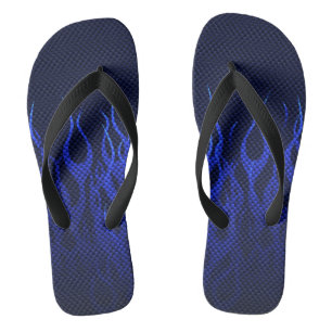 Blue Racing Flames on Carbon Fibre Print Thongs
