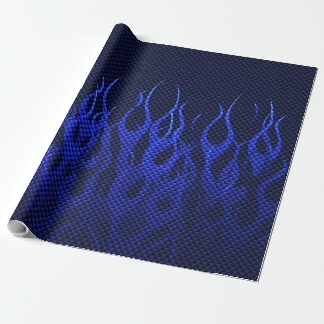 Blue Racing Flames on Carbon Fibre Print Wrapping Paper (Unrolled)