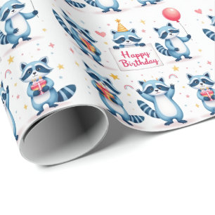 Blue Racoon Birthday Celebration Scene - Birthday Wrapping Paper