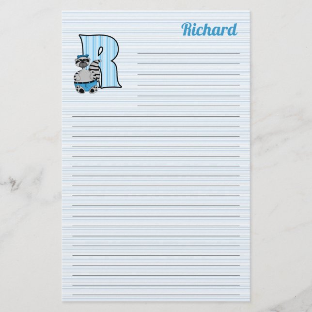 Blue Racoon Mongram Letter R with Name Lined Stationery (Front)