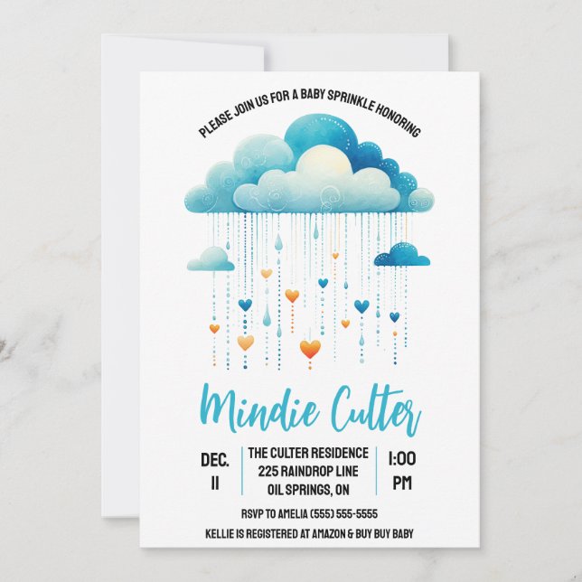 Blue Rain Cloud with Heart Drops Baby Sprinkle Invitation (Front)