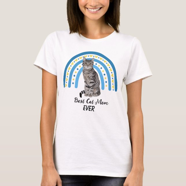 Blue Rainbow Best Grey Tabby Cat Mum T-Shirt (Front)