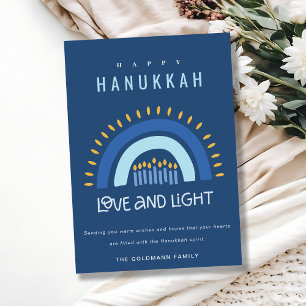 Blue Rainbow Candles Love & Light Happy Hanukkah Holiday Card