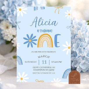 Blue Rainbow Daisy Coquette Girl 1st Birthday invi Invitation