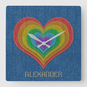 Blue Rainbow Denim Jeans 6 Hearts Customised Name Square Wall Clock