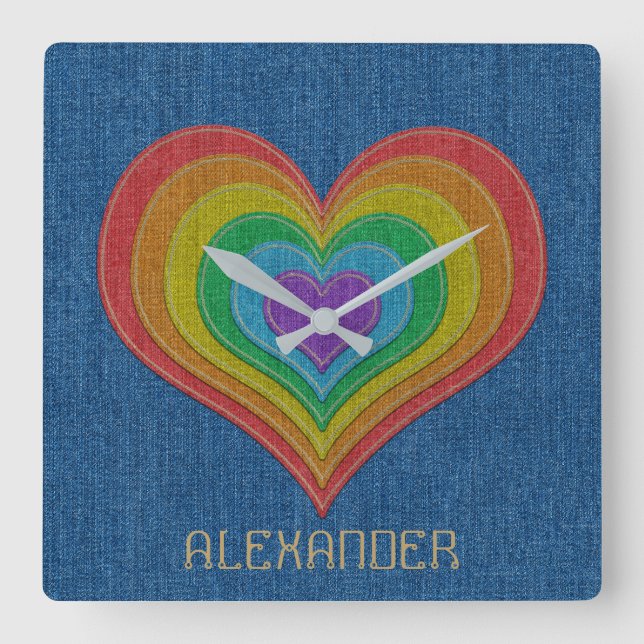 Blue Rainbow Denim Jeans 6 Hearts Customised Name Square Wall Clock (Front)