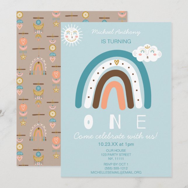 Blue Rainbow First Birthday Invitation (Front/Back)