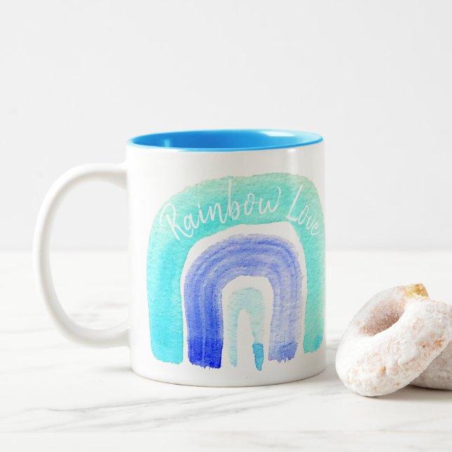 Blue Rainbow love watercolor Two-Tone Coffee Mug (With Donut)