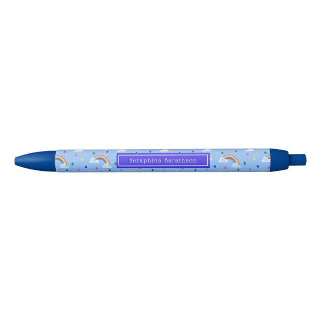 Blue Rainbow Rain Clouds Personalised Name Black Ink Pen (Front)