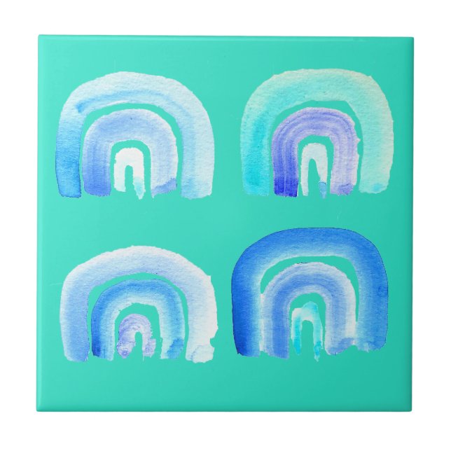 Blue rainbow retro turquoise ceramic tile (Front)