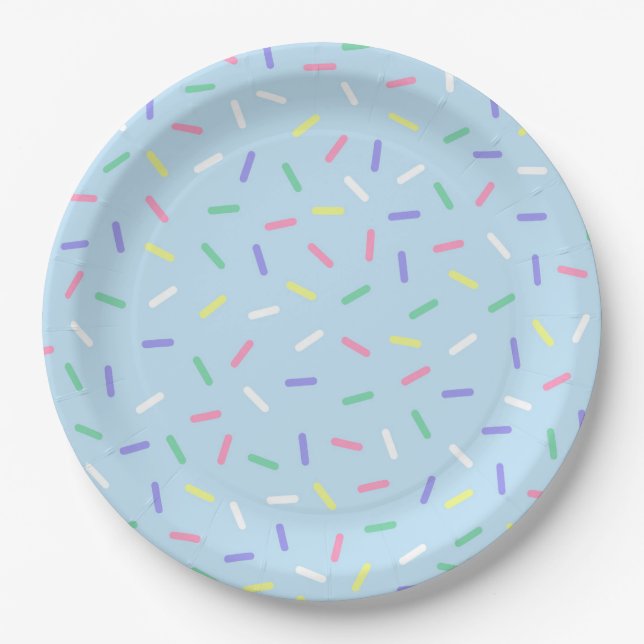 Blue rainbow sprinkles confetti fun colourful  paper plate (Front)