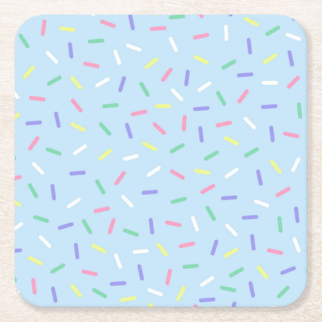 Blue rainbow sprinkles confetti fun colourful  square paper coaster (Front)