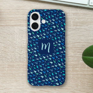 Blue raindrops custom monogram iPhone 16 case