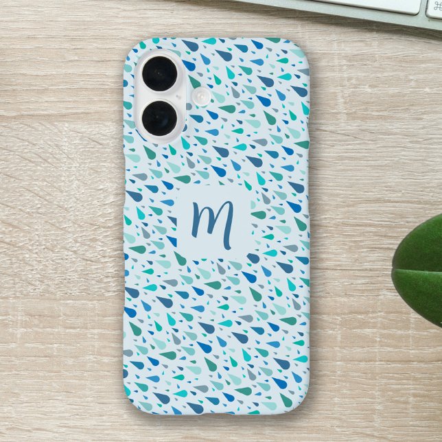 Blue raindrops custom monogram iPhone 16 case (Modern sky blue raindrops custom monogram iphone case)