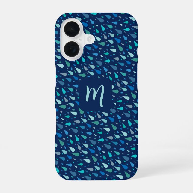 Blue raindrops custom monogram iPhone 16 case (Back)