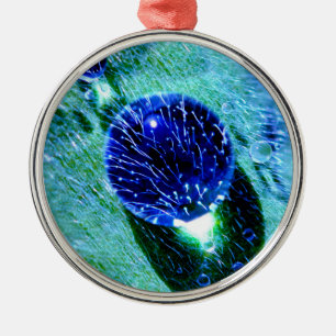 Blue Raindrops Water Pearls Macro Photo - Decor Metal Ornament