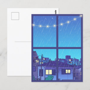 Blue rainy Cartoon Illustrative Night Lights Postcard