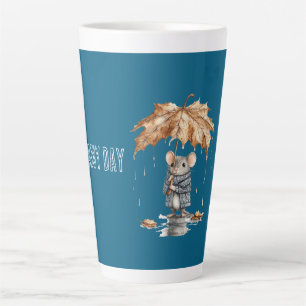 Blue Rainy Day Mouse Leaf Umbrella Latte Mug