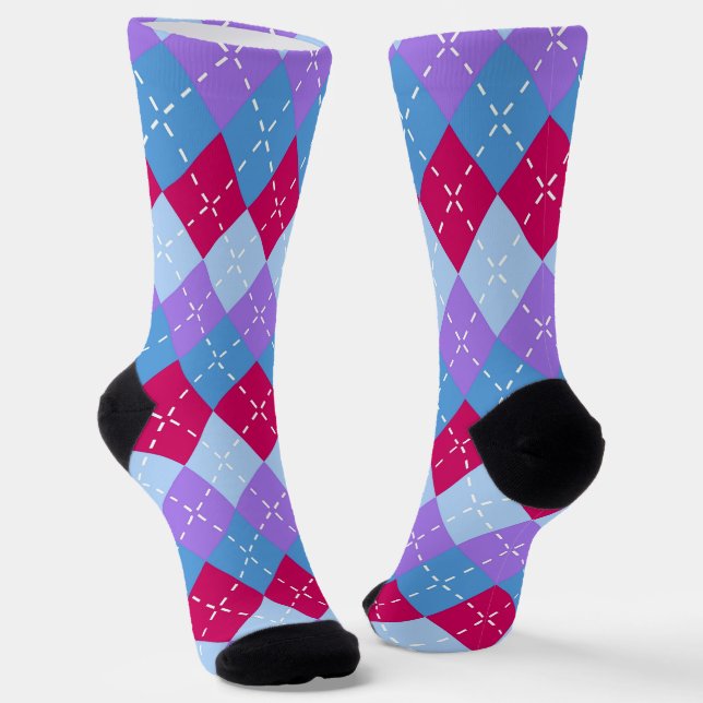 Blue Raspberry Lavender Magenta Argyle Personalise Socks (Angled)