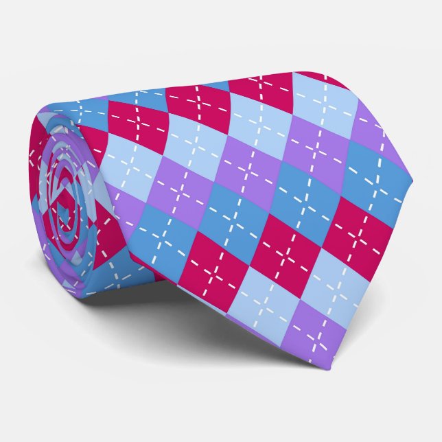 Blue Raspberry Lavender Magenta Argyle Preppy Tie (Rolled)