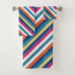 Blue Raspberry Orange Yellow White Stripes Pattern Bath Towel Set