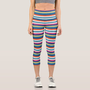 Blue Raspberry Orange Yellow White Stripes Pattern Capri Leggings