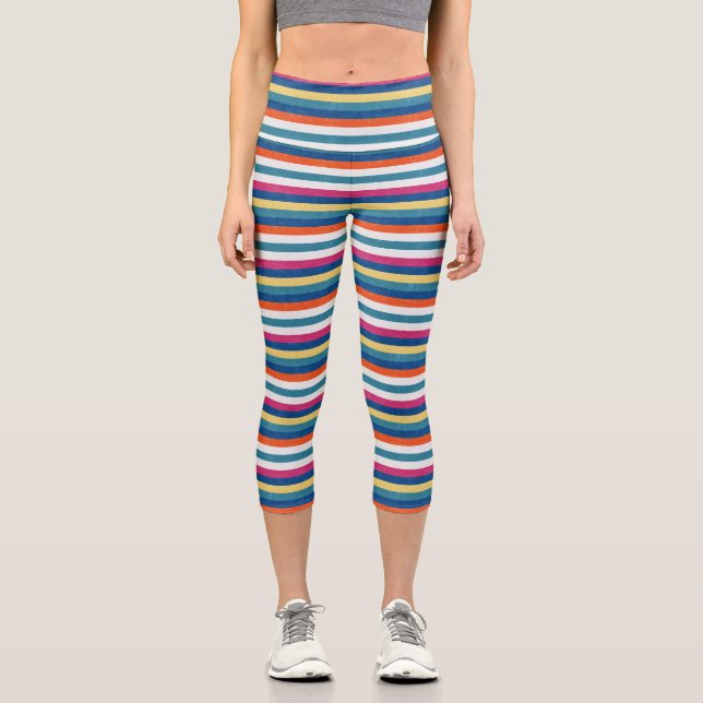 Blue Raspberry Orange Yellow White Stripes Pattern Capri Leggings (Front)