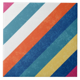 Blue Raspberry Orange Yellow White Stripes Pattern Ceramic Tile