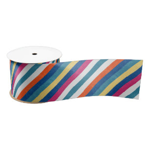 Blue Raspberry Orange Yellow White Stripes Pattern Satin Ribbon