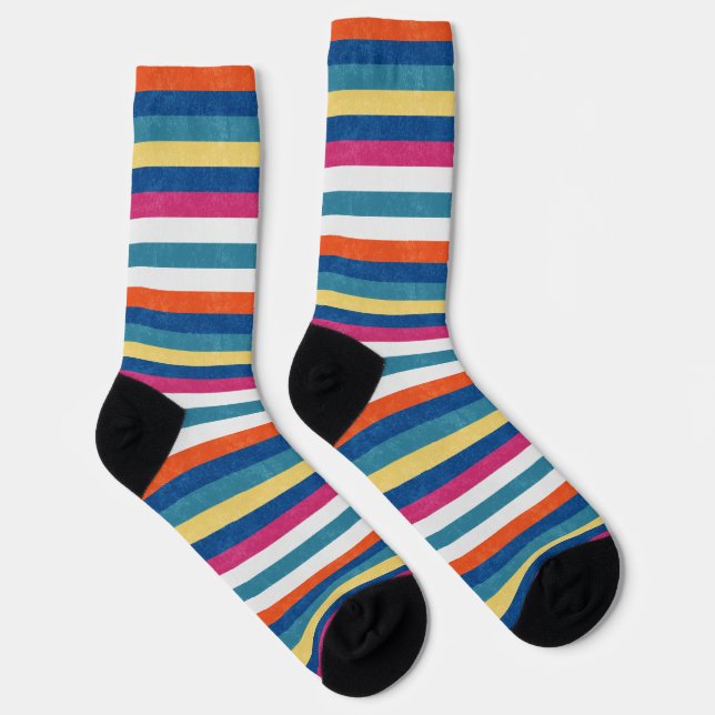 Blue Raspberry Orange Yellow White Stripes Pattern Socks (Right)