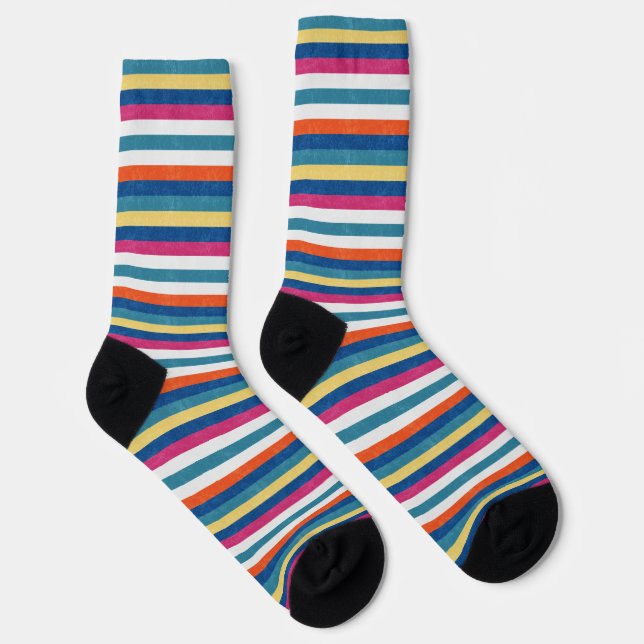 Blue Raspberry Orange Yellow White Stripes Pattern Socks (Right)