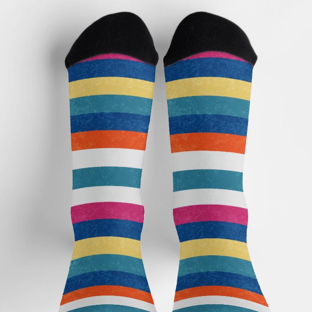 Blue Raspberry Orange Yellow White Stripes Pattern Socks (Top)