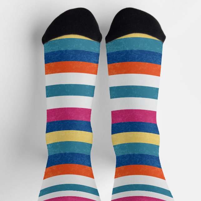 Blue Raspberry Orange Yellow White Stripes Pattern Socks (Top)
