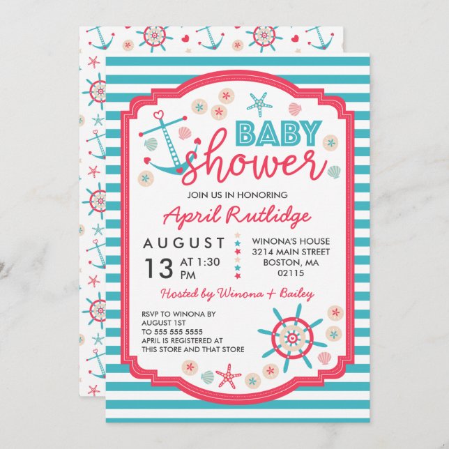 Blue & Raspberry Red Nautical Baby Shower Invitation (Front/Back)