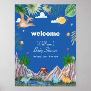 Blue Rawr Volcano Forest Dino Baby Shower Welcome Poster