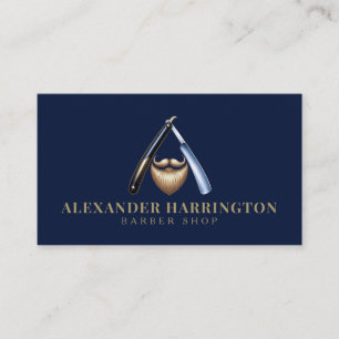 Blue Razor Golden Beard Logo Barber Shop  Business Card