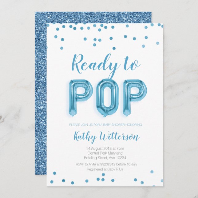 Blue Ready to Pop baby shower invitation (Front/Back)